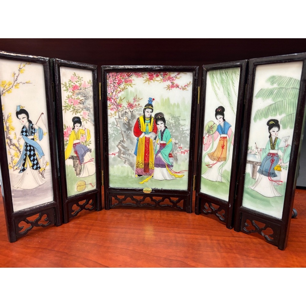 Vintage Chinese Marble Folding Table‎ Screen 5 Panel Hand Painted